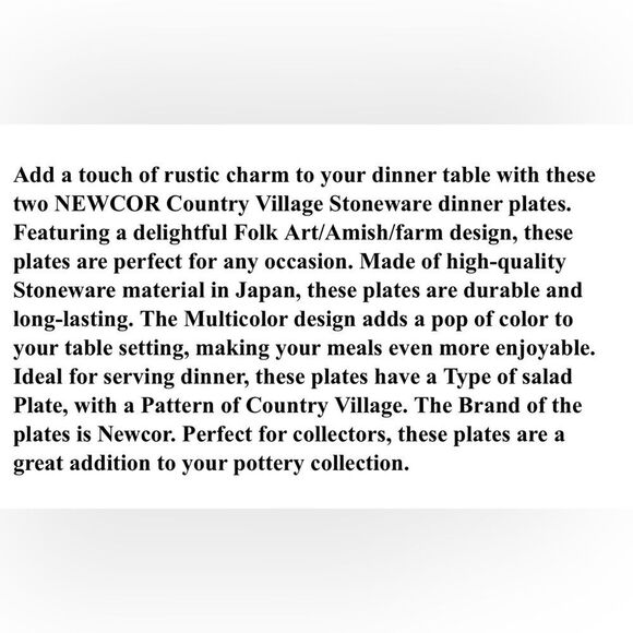 Newcor County Village Japan 7 1/2 In Salad Dessert Plates Set of 2 Stoneware - Picture 14 of 16